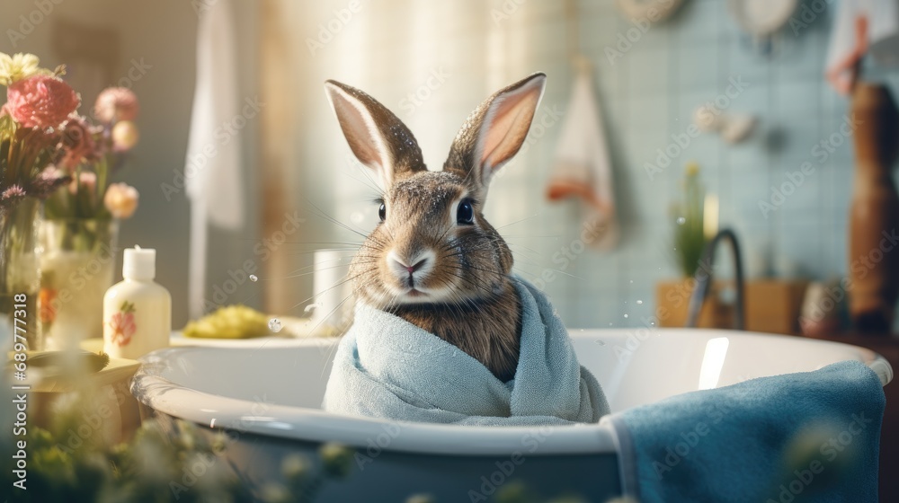 easter bunny in a bathtub covered in a towel, wellness time - obrazy, fototapety, plakaty 