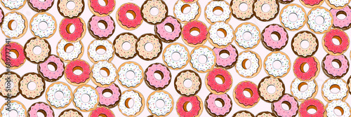 Seamless pattern with donuts in retro cartoon style. Vector background with different types of donuts overlapping each other in an abstract pattern. Print for cafes, restaurants, bakery menus.
