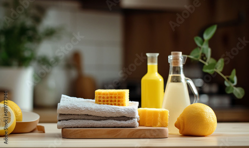 Ecological cleaning products, sponges and rags and towels. Household cleaning concept.