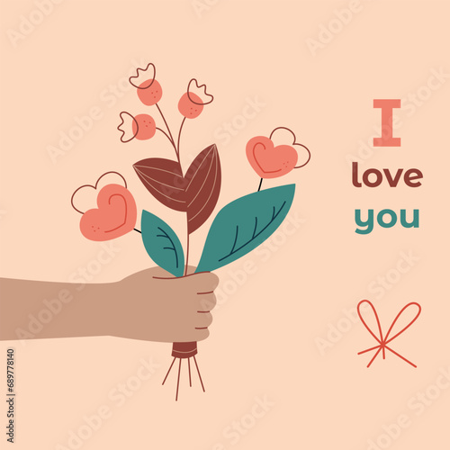 Valentine card for your soulmate with bouquet and text. Flat color vector illustration suitable for Instagram.