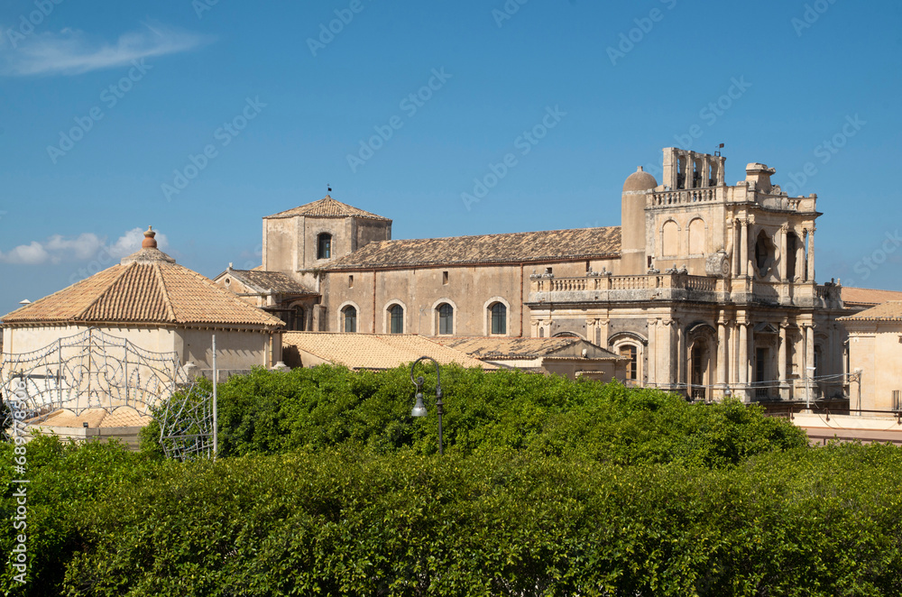 View of Noto from top of bell tower of church Chiesa di San Carlo al Corso to the church St. Charles Borromeo in Sicily, Italy
