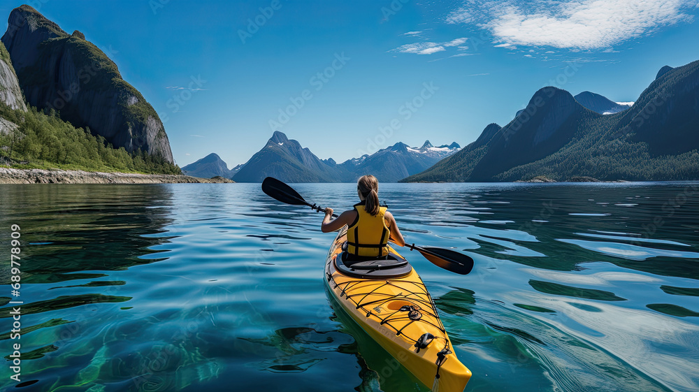 View from the back of a girl in a canoe floating on the water among the fjords. - obrazy, fototapety, plakaty 