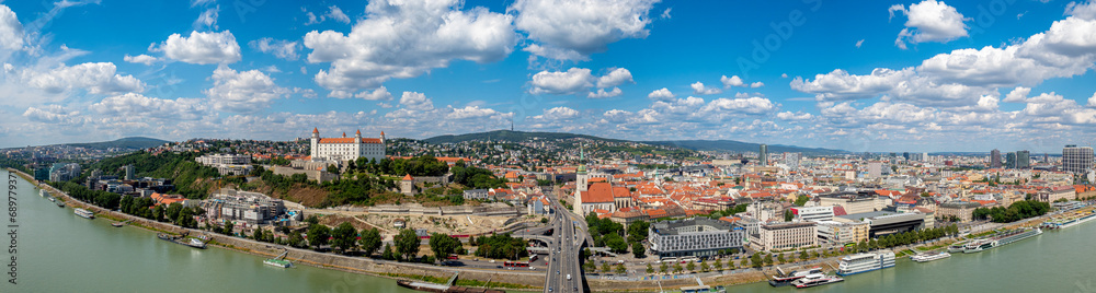 Extreme panoramic aerial view of Bratislava city center capital of Slovakia during hot summer day