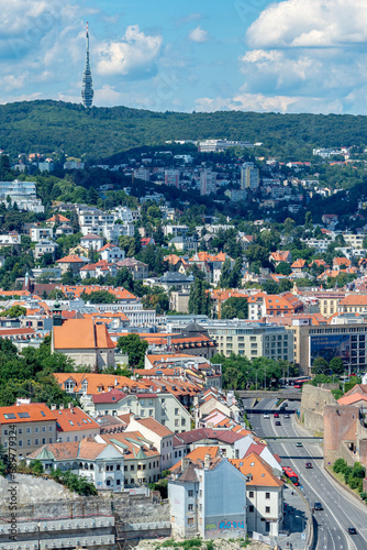 Aerial view of Bratislava city center capital of Slovakia with dense architecture during hot summer day