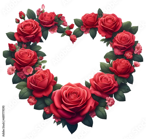 Red rose flowers in a heart shape frame for love greetings or chrismas  isolated white background JPG