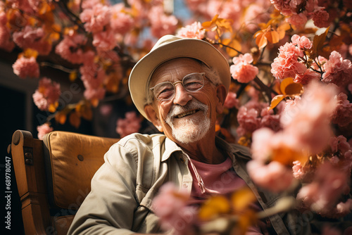 elderly man sitting in a park with flowering trees around him