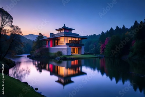 reflection of a house in the lake