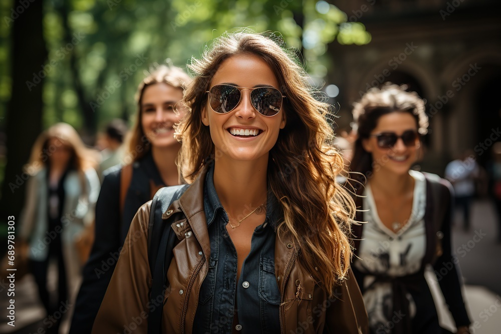 Shared laughter in a lively forest promenade Shared laughter in a lively forest promenade