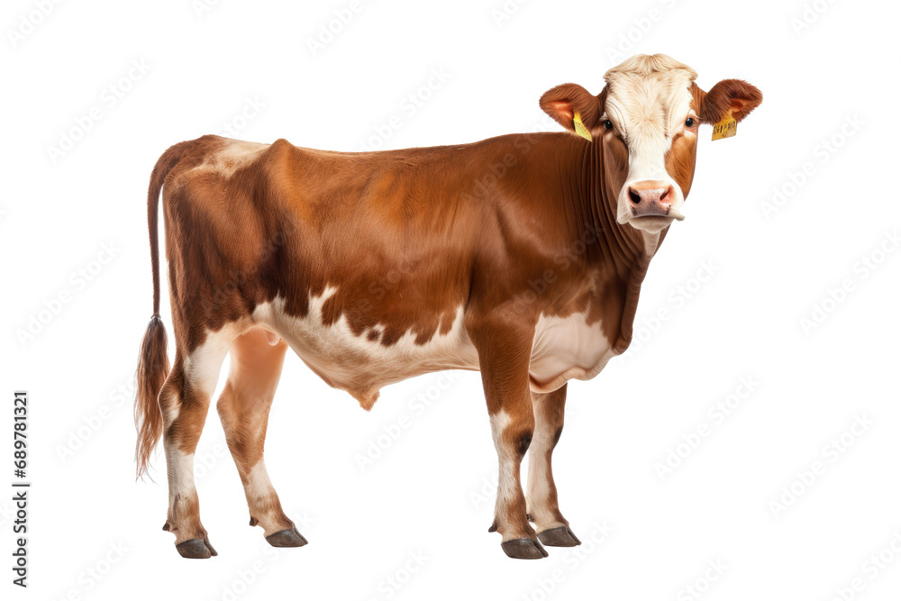 Cow or bullock farm portrait looking at camera isolated on clear png background, funny moment, Farmland animals concept.