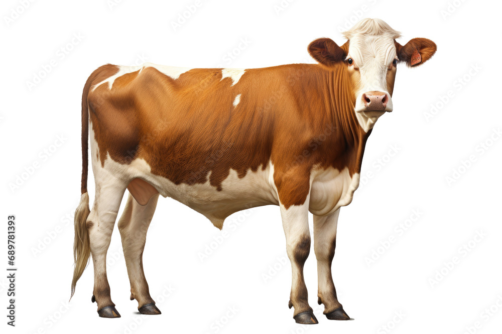 Cow or bullock farm portrait looking at camera isolated on clear png background, funny moment, Farmland animals concept.