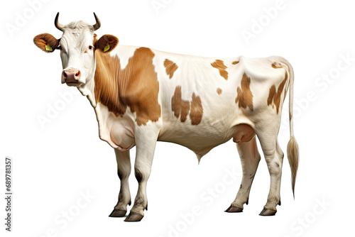 Cow or bullock farm portrait looking at camera isolated on clear png background, funny moment, Farmland animals concept.