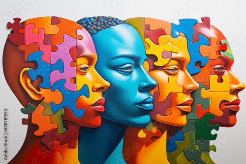 DEI, diversity equity and inclusion concept. Different faces puzzle. High quality photo photo