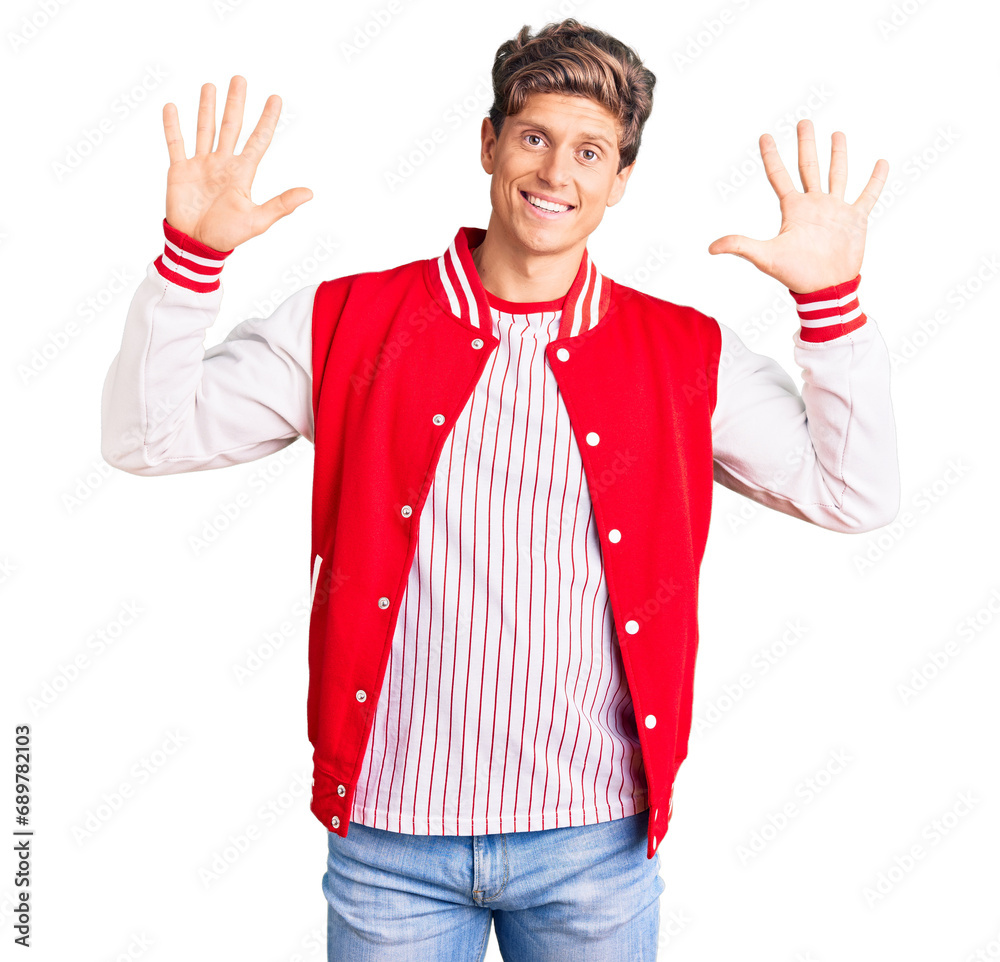 Young handsome man wearing baseball uniform showing and pointing up with fingers number ten while smiling confident and happy. Young handsome man wearing baseball uniform showing and pointing up with fingers number ten while smiling confident and happy.