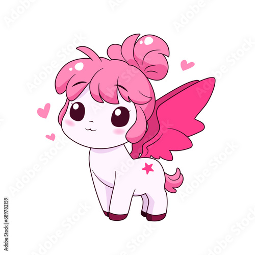 isolated cartoon pony with wings and hearts.