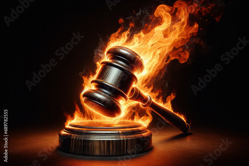 Harsh judge sentence metaphor, burning gavel, a small wooden hammer used by the judge photo