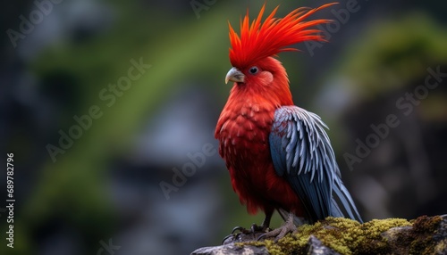 Red and Grey cock of the rock Bird with a Distinctive Red Mohawk