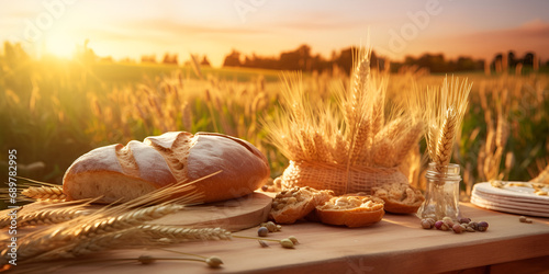 Rustic Bread A Slice of Countryside Serenity. Golden Wheat and Crisp Bread Delight, Generative AI
