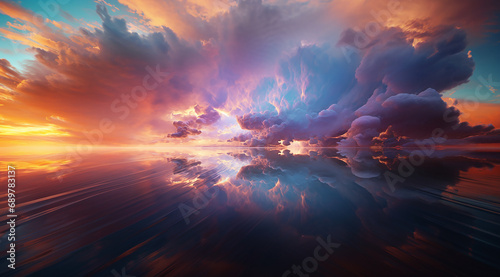 sunrise over lake, sun and clouds, sunrise over the clouds, sunrise over the sea, colorful sky with sun in clouds of altitude, Red sunset over the sea, rich in dark clouds, rays of light, generative © PIRSADDAM