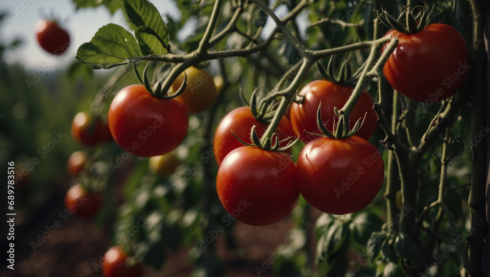 Fresh tomatoes picked from the bush, AI generated