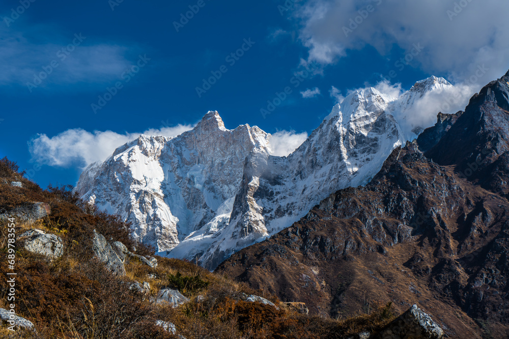 Mount kumbhakarna ( Jannu Base Camp ) in the himalayas of Nepal seen from Khambachen, Taplejung 