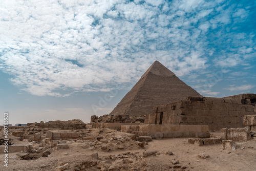 Pyramids of El Cairo landscape with Kefrem Pyramid in the background. Egypt