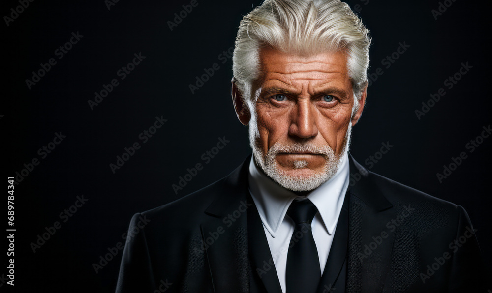Distinguished senior man with striking silver hair and deep blue eyes, wearing a classic black suit and tie, exudes confidence and experience on a dark grey backdrop