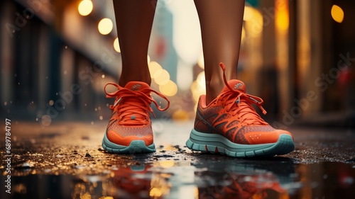 Closeup shoes female runner tying her shoes for jogging, running shoes concept, sports shoes, running shoes, woman shoes, jogging shoes, shoes closeup view at the running or jogging