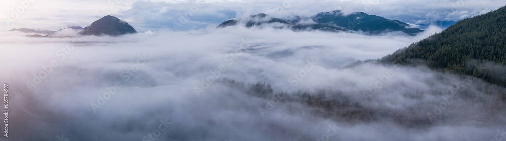 Howe Sound with Canadian Mountain Landscape Nature Aerial Background.