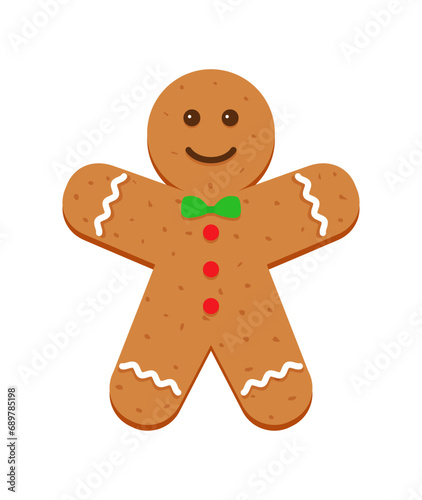 Gingerbread man with green butterfly tie and red buttons. Xmas biscuit isolated on white background. Classic Christmas cookies. Cute ginger bread character in flat cartoon design. Vector illustration.