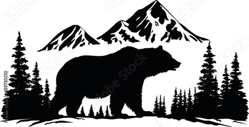 Mountains and bear icon vector. hike, travel illustration sign. wild life symbol AI generated illustration photo