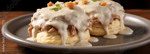 Appetizing Biscuits and gravy. Traditional American cuisine. Popular authentic dishes. Background with selective focus
