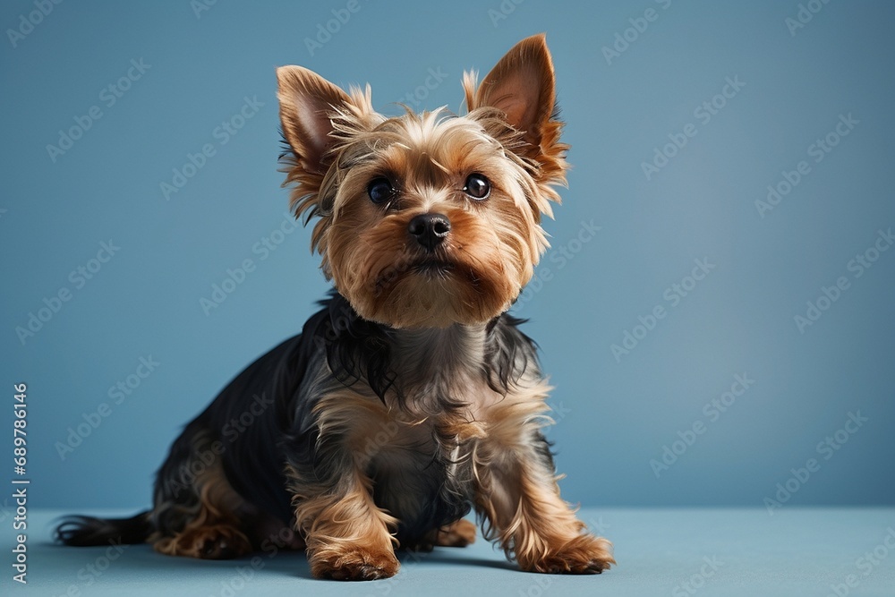 Studio portrait of a cute yorkshire terrier sitting on blue background Studio portrait of a cute yorkshire terrier sitting on blue background