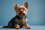 Studio portrait of a cute yorkshire terrier sitting on blue background
