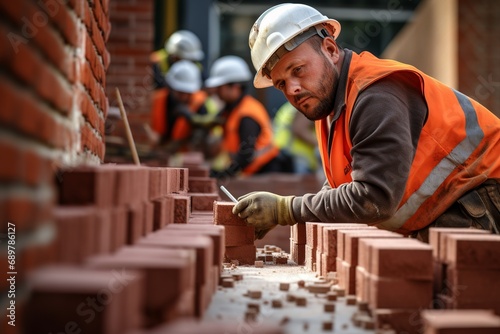 Dedicated bricklayer at work, showcasing meticulous craftsmanship on a construction site, emphasizing attention to detail for durable and appealing structures