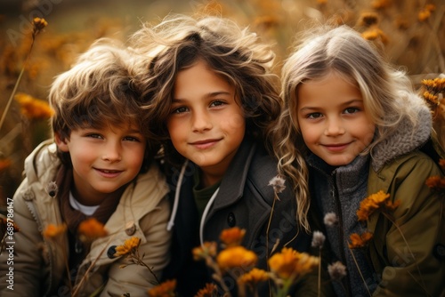 Three children nestled in autumn leaves, golden light, sibling love, and joyful expressions in a nature setting.   © Kishore Newton