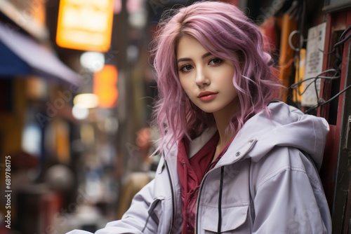 Wallpaper Mural Urban woman with pink hair, edgy and fashionable city life portrait Torontodigital.ca