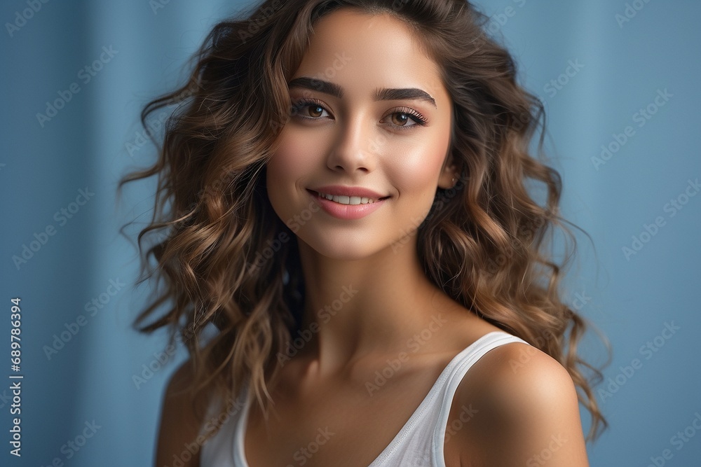 Portrait of beautiful young woman with curly hair on blue background. Portrait of beautiful young woman with curly hair on blue background.