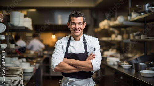 Portrait of a professional chef smiling in a kitchen, with culinary tools and dishes in the background