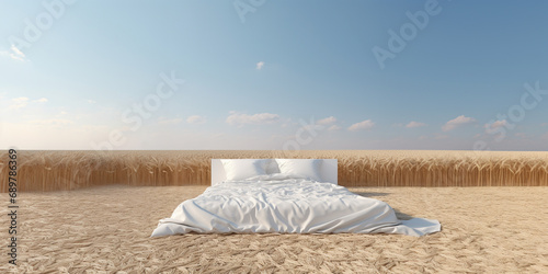 Minimal white master bed on the barley field surrounded by hay, autumn field scenery and sunny sky photo