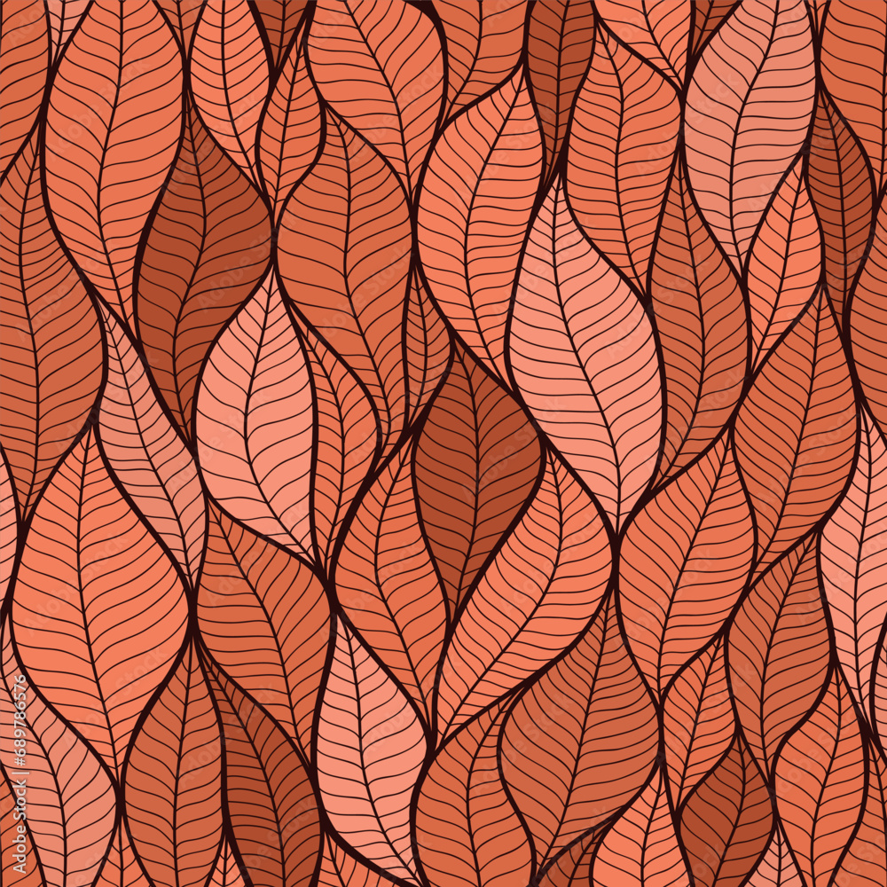 Vector seamless pattern trending color of the year 2024 peach fuzz. Abstract geometry with leaves