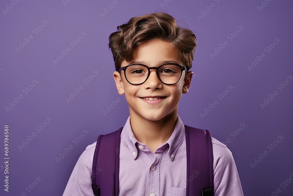 Portrait of a cute boy in eyeglasses against purple background, school uniform