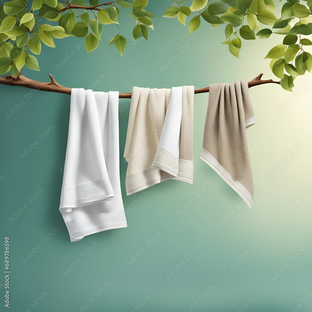 towels on a tree branch, green background, eco-friendly