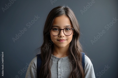 Cute little schoolgirl with backpack on grey background, closeup
