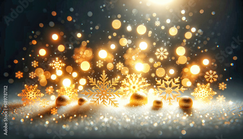 Gold snowflake background with bokeh lights and ornaments. Generative ai.
