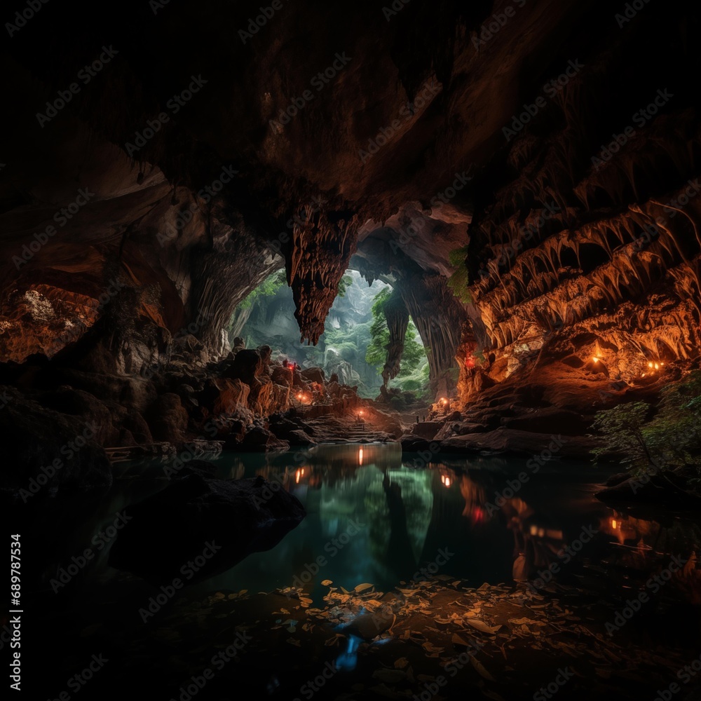 Image created from AI, cave tunnel in a rocky mountain , water passes through, cave beautiful light shining through it.