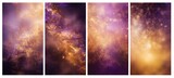 Set of vertical backgrounds and backdrops in the same style for the design of mobile phone presentations or instagram stories: purple and gold sequins and sparkles, sparkles bokeh, soft focus