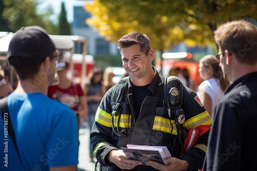 Engaged firefighter conducting community outreach, imparting fire safety knowledge at schools, workshops, and events to promote prevention and safety awareness photo