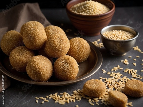 Close-up of Til Laddoo- a signature sweet food of Makar Sankranti, made with sesame seeds and jaggery photo