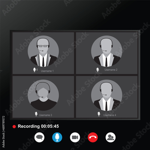 Video call interface template with user icon. Group video call screen template. Online meeting screen.  Videocall interface. conference call screen.