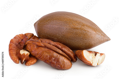 broken pecan nut isolated on white background with full depth of field